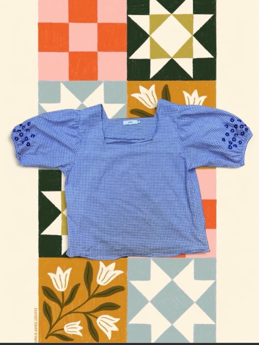 Blue Gingham Puff Sleeve Square-Neck Blouse